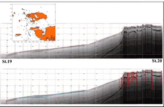 Gambar 12.  Lintasan SBP St. 19-20 memperlihatkan bukti-bukti sesar bongkah (garis merah) yang sebagian tertutup endapan sedimen.