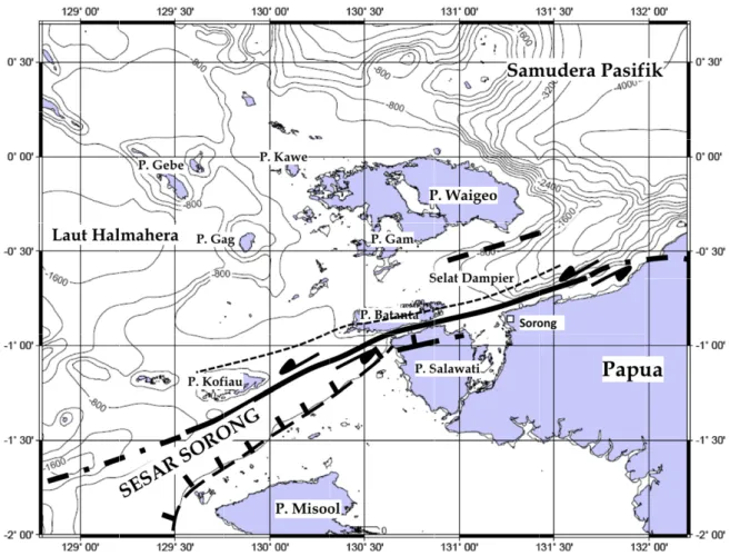 Gambar 14. Sesar Sorong dengan arah pergeseran sinistral (garis hitam), sedangkan di sisi utaranya diduga sesar yang sudah tidak aktif (garis putus) sedangkan sesar bongkah membatasi tepian blok Kepala Burung Papua.