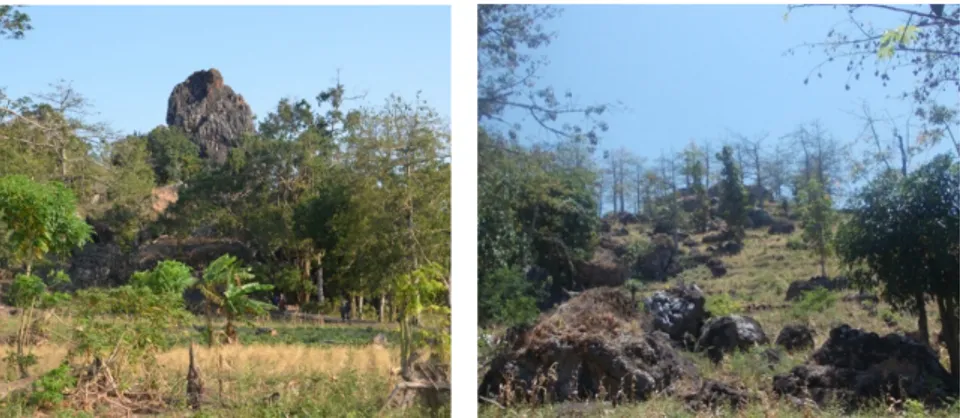 Gambar 4: Sebaran bongkah dan boulder batuan  vulkanik di Kawasan Batu Ejaya (Balar Sulsel, 2012).