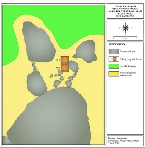 Gambar 6: Peta Situs Pangnganikang dan denah kotak gali TP 1 dan TP2 Fauna dan Lingkungan Situs Pangnganikang