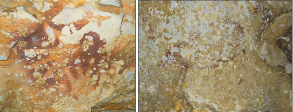 Gambar 3: Lukisan cap tangan dan babi rusa di Gua Timpuseng (Maros), sejak 2014 menjadi lukisan gua tertua  di dunia (Sumber, Aubert, 2014)