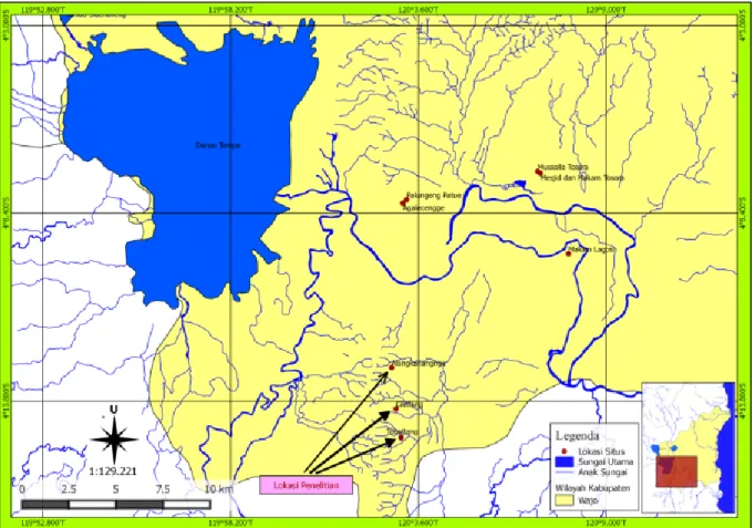 Gambar 8. Peta lokasi tiga situs megalitik yang terletak di sebelah tenggara Danau Tempe Kabupaten Wajo