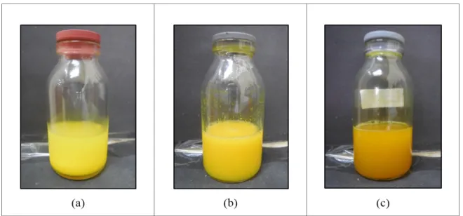 Gambar 1. Hasil suspensi liposom ekstrak kunyit setelah dihidrasi (a) Formulasi 1, (b)  Formulasi 2, dan (c) Formulasi 3