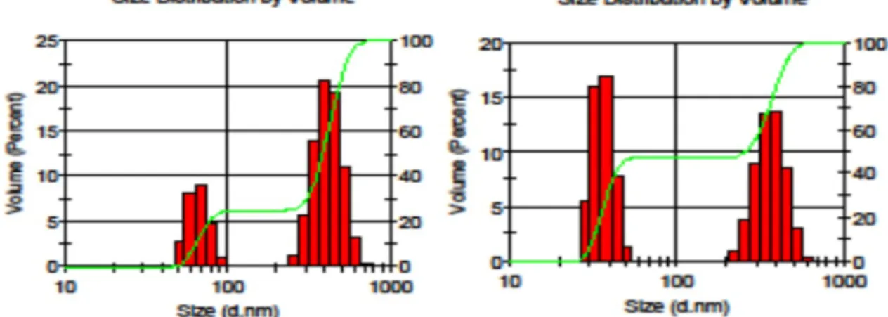 Gambar 3. Grafik distribusi ukuran partikel liposom kurkumin tanpa tween 80 (kiri)  dan dengan tween 80 (kanan)