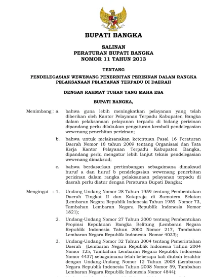 BUPATI BANGKA SALINAN PERATURAN BUPATI BANGKA NOMOR 11 TAHUN 2013