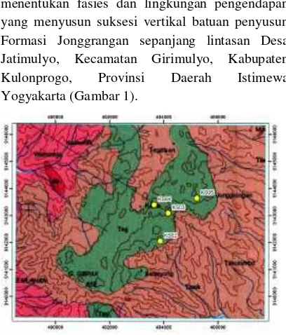 Gambar 1. Peta Geologi daerah Kulonprogo (Rahardjodkk, 1995) dan lokasi lintasan Desa Jatimulyo.