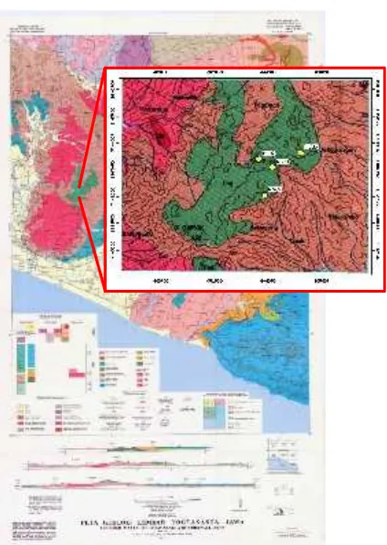 Gambar 1.Peta Geologi Regional Lembar Yogyakartadan Lokasi penelitian, (Rahardjo 1995).