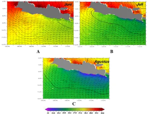 Gambar 4.    Sebaran horizontal suhu permukaan laut di perairan selatan Jawa selama  musim timur