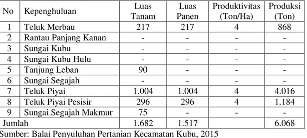 Tabel  1.  Luas  Tanam,  Luas  Panen,  Produktivitas,  dan  Produksi  Tanaman  Padi  di                  Kecamatan Kubu Kabupaten Rokan Hilir 2015 