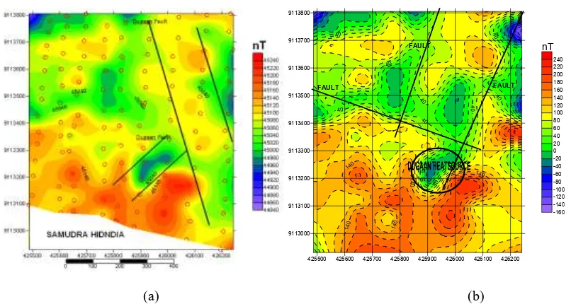 Gambar 3. (a). Hasil simulasi data magnetif    Gambar 3. (b). Peta anomali medan magnet total   