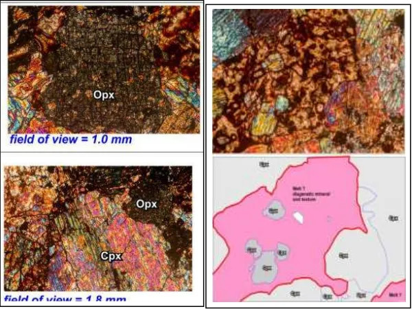 Gambar 4. Sampel ultramafik di Imogiri, (a). Megaskopik, memperlihatkan tekstur equigranular dengan mineral mafik berwarna hijau (piroksen) dan mineral (?) berwarna coklat kemerahan, (b)
