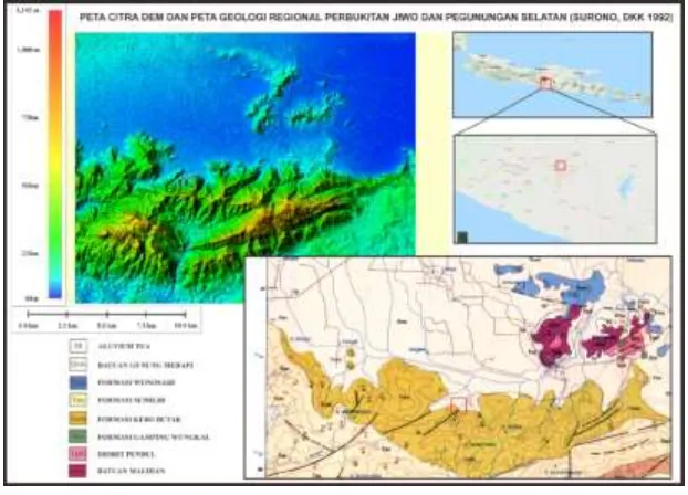 Gambar 1. Peta DEM dan Geologi Regional Daerah Penelitian (Surono, dkk, 1992)(tanpa skala)