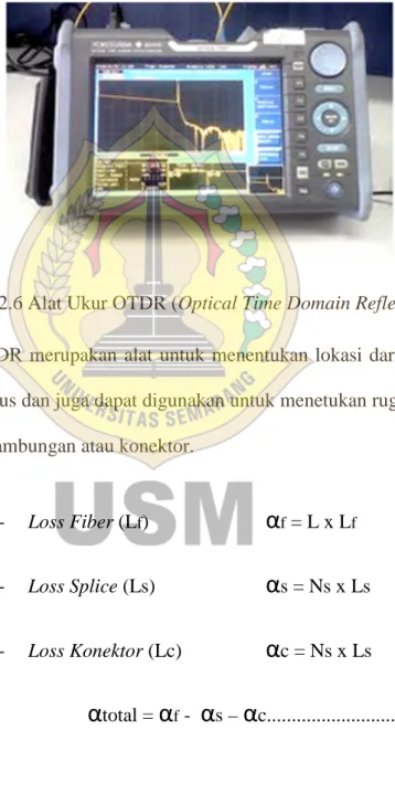 Gambar 2.6 Alat Ukur OTDR (Optical Time Domain Reflectometer) OTDR  merupakan  alat untuk  menentukan  lokasi  dari serat optik yang terputus dan juga dapat digunakan untuk menetukan rugi-rugi (loss) pada tiap sambungan atau konektor.