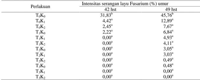 Tabel  1.    Rerata  intensitas  serangan  penyakit  layu  Fusarium  umur  42  dan  49  hst akibat  pemberian trichokompos dan pupuk KCl pada tanaman bawang merah