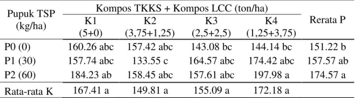Tabel  8.  Rata-rata  biomassa  tanaman  sorgum  (g)  dengan  pemberian  campuran  kompos TKKS dengan kompos LCC dan pupuk fosfor
