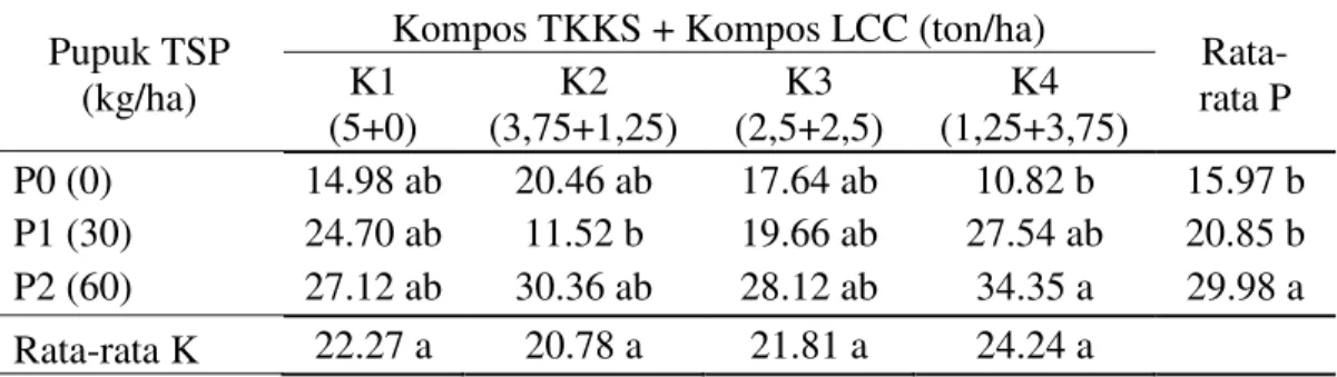 Tabel  4.  Rata-rata  berat  kering  tanaman  sorgum  (g)  pada  umur  42  HST  dengan  pemberian  campuran  kompos  TKKS  dengan  kompos  LCC  dan  pupuk  fosfor