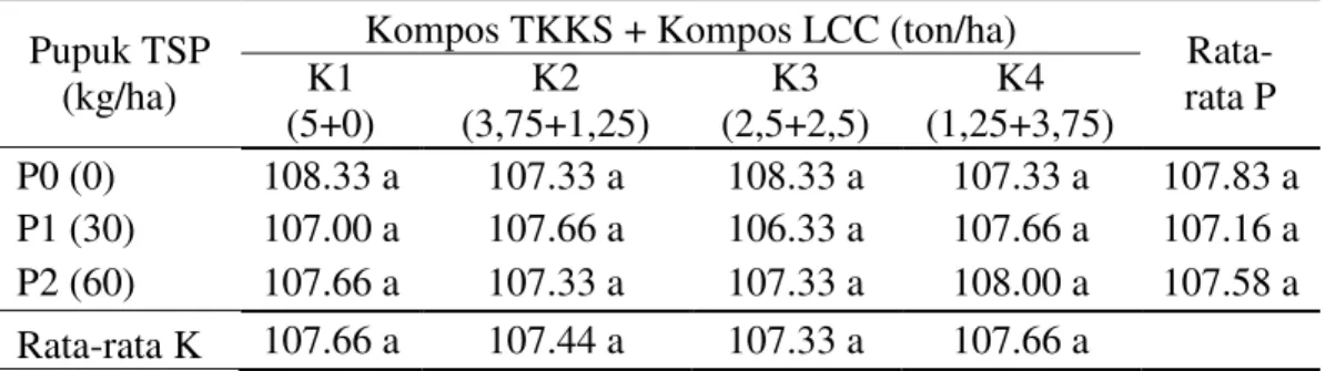 Tabel  6.  Rata-rata  umur  panen  tanaman  sorgum  (HST)  dengan  pemberian  campuran kompos TKKS dengan kompos LCC dan pupuk fosfor