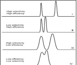 Gambar 2.5 Kromatogram hasil analisis kromatografi cair kinerja tinggi dengan berbagai selektifitas dan efisiensi (Kazakevich dan LoBrutto, 2007) 