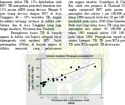 Gambar 3.  Hubungan Linier – Hubungan antara estimasi insidens TB (semua bentuk) dan  prevalensi HIV pada orang dewasa di 18 negara Afrika pada 1999 (Sumber: Global TB Report, WHO HQ Geneva 2001) 