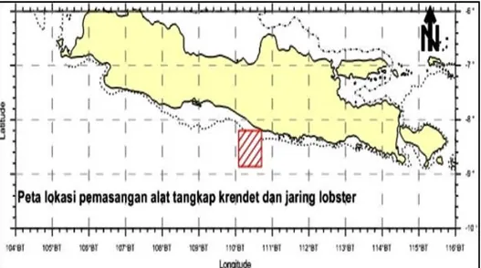 Gambar 1. Daerah penangkapan lobster pasir (P. homarus) dan lobster batu (P. penicillatus) di perairan Gunung Kidul dan sekitarnya.