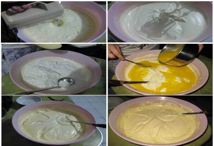 Gambar 1. Langkah pertama dengan mengkocok telur, gula pasir hingga mengembang, kemudian masukan terigu sedikit demi sedikit 