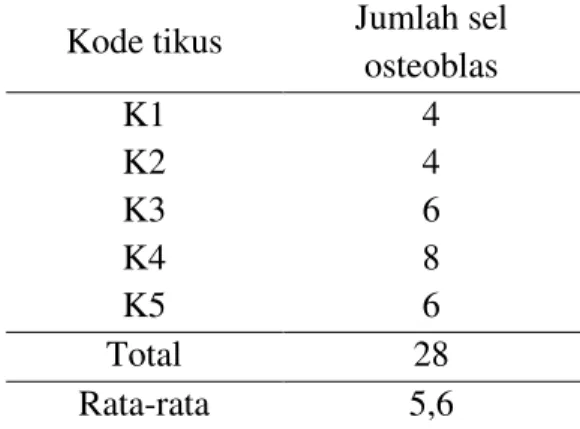 Tabel  1  Hasil  dan  Nilai  Rata-rata  Jumlah  Osteoblas Pada Soket Gigi Tikus Kelompok  Kontrol 