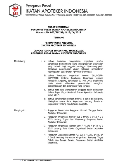 SURAT KEPUTUSAN PENGURUS PUSAT IKATAN APOTEKER INDONESIA Nomor : PO ...