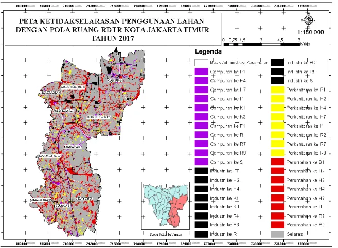 Gambar 4. Peta Ketidakselarasan Penggunaan Lahan per Kecamatan Kota Jakarta Timur Tahun 2017  Ketidakselarasan  perkantoran  dan  campuran  bangunan  banyak  terjadi  disepanjang  jalan  arteri  yang  sebelumnya  mempunyai  rencana  pola  ruang  perumahan