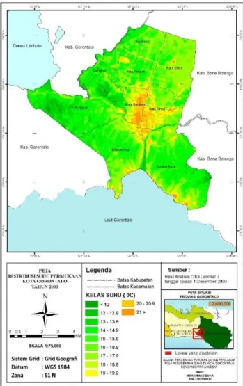Gambar 4. Peta distribusi suhu berdasarkan kecamatan di Kota Gorontalo tahun 2003 