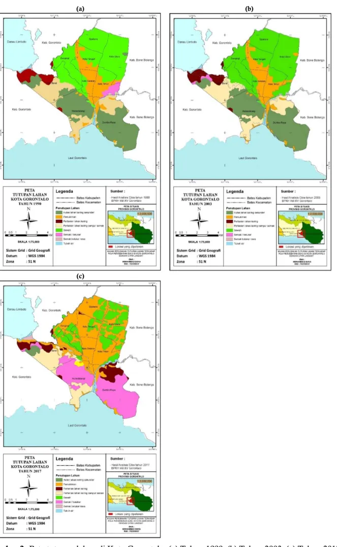 Gambar 2. Peta tutupan lahan di Kota Gorontalo, (a) Tahun 1990; (b) Tahun 2003; (c) Tahun 2017 