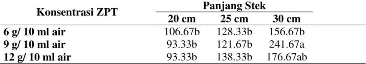 Tabel 10.   Rerata pertambahan bobot segar bibit buah naga (g) dengan panjang  stek dan konsentrasi ZPT yang berbeda 