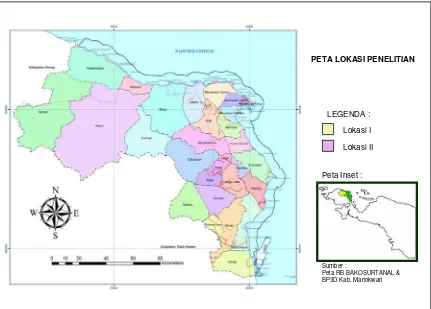 Gambar 3 Peta lokasi pengambilan sampel di daerah Manokwari dan Kebar. 