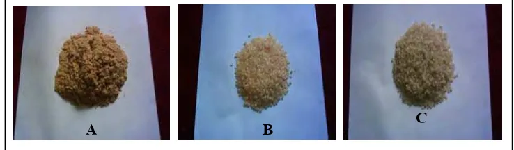 Gambar 1.  A) Serbuk Kayu 120 mesh, B) Polipropilena Daur Ulang,          C) UV Stabilizer 