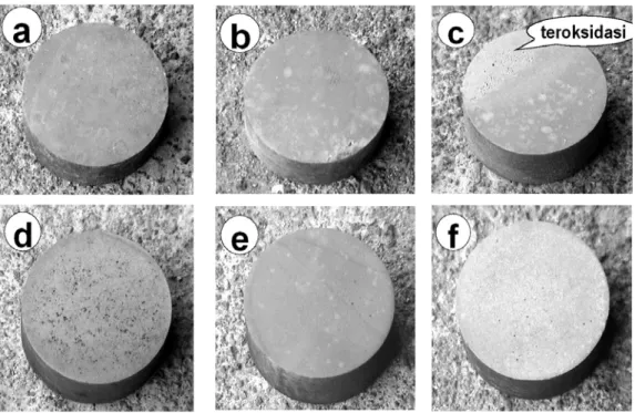 Gambar 2. Hasil karburising dengan ukuran serbuk arang tempurung kelapa: (a) 2000; (b)  850; (c) 600; (d) 279; (e) 250; dan (f) 150 µm