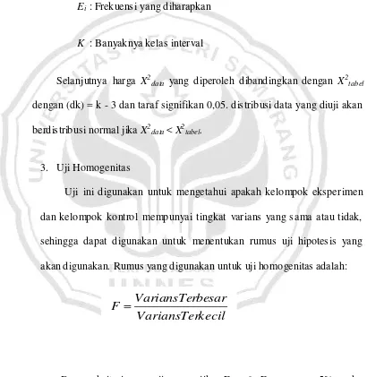 Selanjutnya harga X2data yang diperoleh dibandingkan dengan X2tabel dengan (dk) = k - 3 dan taraf signifikan 0,05