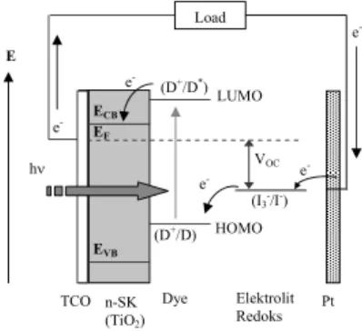 Gambar 2. Skema prinsip sel surya fotoelektrokimia