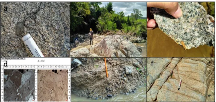 Gambar  6.  Kenampakan  pada  satuan  Granodiorit  Bualo  dan  satuan  Aluvial  Bualo;  a)  menunjukkan 