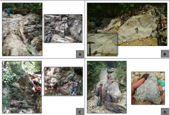 Gambar 3. Satuan litologi pada daerah penelitian. A. Satuan granodiorit, B. Satuan breksi diatrema, C
