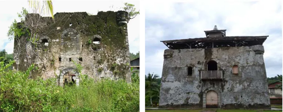Gambar 1 dan 2: Kondisi Benteng Beverwijk sebelum (kiri) dan setelah (kanan) dipugar.(Sumber: Dokumen Balai Arkeologi Ambon, 2007 dan 2012)