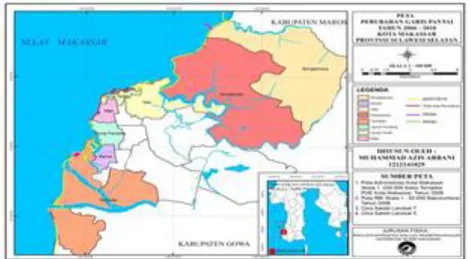 Gambar 1. Peta Perubahan Garis Pantai Kota Makassar Tahun 2006-2010  Tabel 2. Hasil Analisis Nilai NSM Tertinggi Perubahan Garis Pantai Kota Makassar 