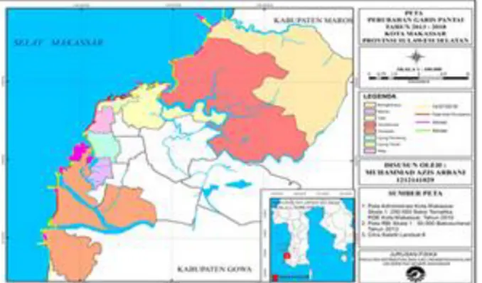 Gambar 2. Peta perubahan garis pantai Kota Makassar tahun 2013-2018 