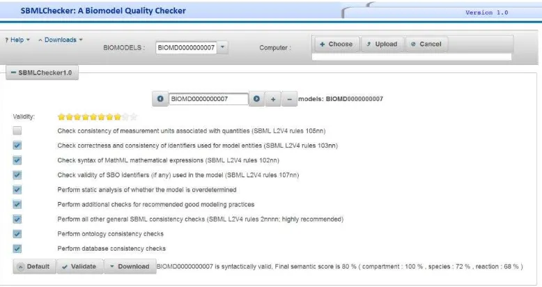 Figure 3 SBMLChecker on BioExtract server for the reliability checking of biomodels  