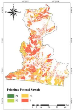 Gambar 7. Peta prioritas potensi lahan sawah Kabupaten Cianjur Tabel 4. penetapan potensi lahan untuk pengalokasian sawah 