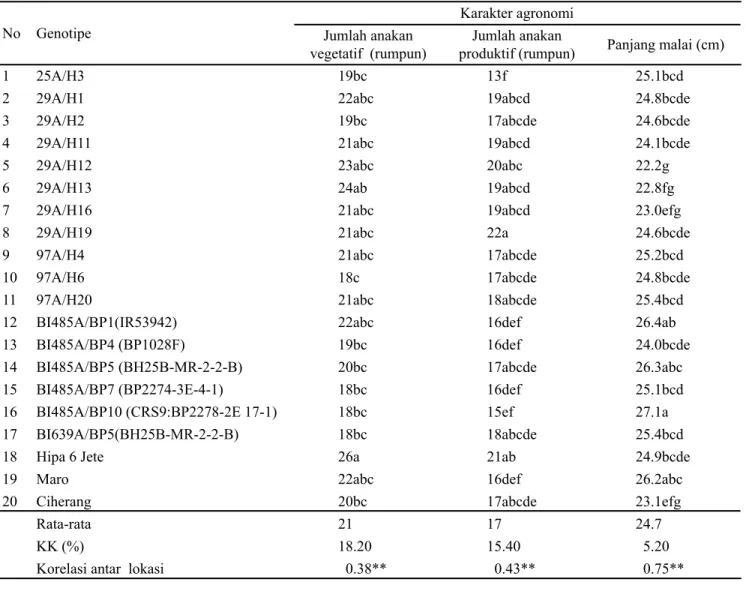 Tabel 3 menunjukkan 10 genotipe dan 3 varietas pada  dua lokasi memiliki  eksersi malai keluar sempurna (0%), 6  genotipe tergolong dalam tipe eksersi malai keluar (1-10%)  dan satu genotipe memiliki eksersi malai agak keluar  (11-25%)