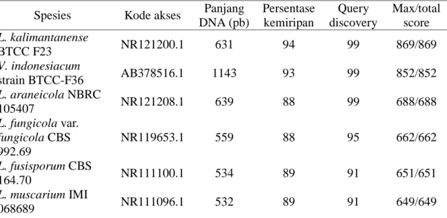 Tabel 1 Hasil BLAST ITS 1 dan ITS 4 (www.ncbi.nlm.nih.gov)  Spesies  Kode akses  Panjang 