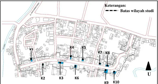 Gambar 1. Peta wilayah dan objek penelitian di Jalan Pemuda Depok.  (Sumber: Diolah dari google maps tahun 2015.) 
