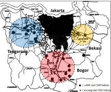 Gambar 6.  Sebaran Perumahan Baru Berskala Besar pada Wilayah Botabek.  Sumber: Sujarto, dalam Nas, 2002