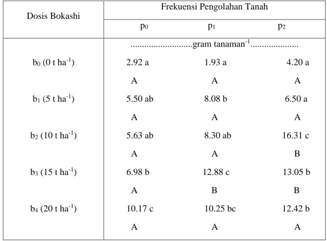 Tabel 5. Pengaruh Dosis Bokashi dan Frekuensi Pengolahan Tanah terhadap Bobot Kering  Tanaman pada Umur 6 MST