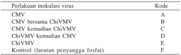 Tabel 1. Perlakuan inokulasi virus pada lima kultivar cabai       Perlakuan inokulasi virus                                             Kode