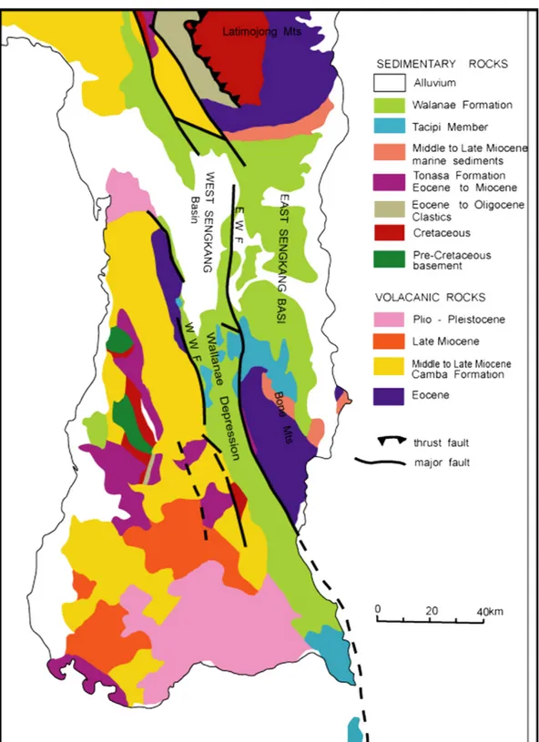 Gambar 5. Peta Geologi daerah Sulawesi dengan Formasi Walennae yang mengandung fosil vertebrata  (modifikasi setelah Sukamto, 1982).